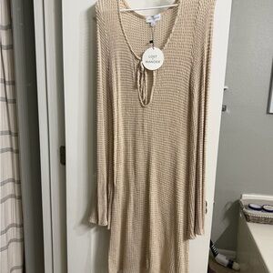 Lost + Wander Neutral Beige Waffle Knit Long Sleeve Dress with V-Neck Tie